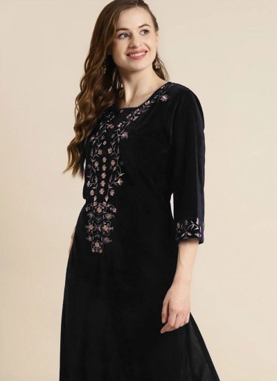 Embroidered Velvet Designer Kurti in Black