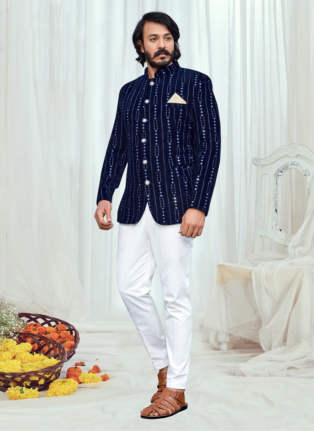 Blue velvet shop jodhpuri suit