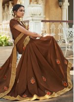 Embroidered Vichitra Silk Traditional Saree in Brown