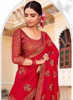 Embroidered Vichitra Silk Trendy Saree in Red