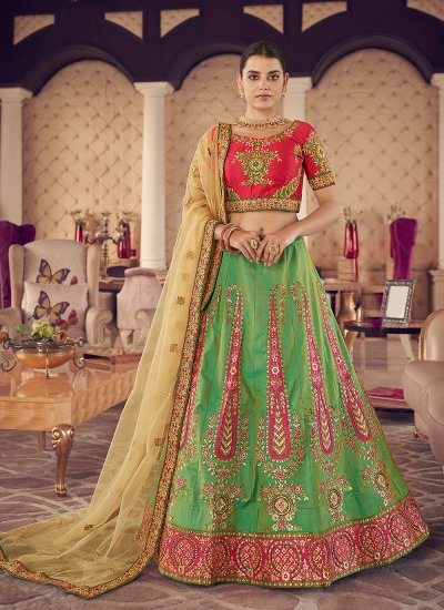 Enchanting Embroidered Jacquard Silk Green Designer Lehenga Choli