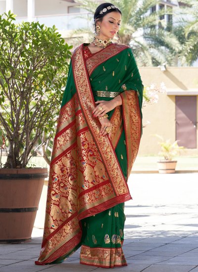 Enchanting Woven Green Silk Contemporary Saree