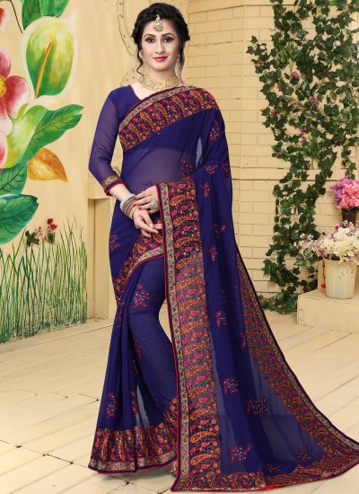 Energetic Georgette Navy Blue Embroidered Classic Saree
