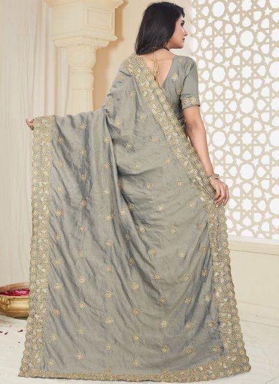 Energetic Grey Embroidered Designer Traditional Saree
