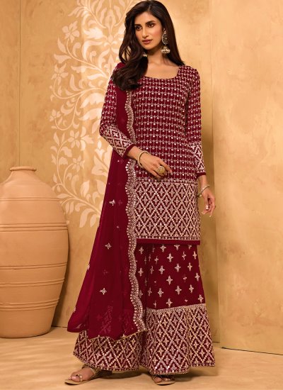 Engrossing Embroidered Faux Georgette Maroon Designer Pakistani Suit