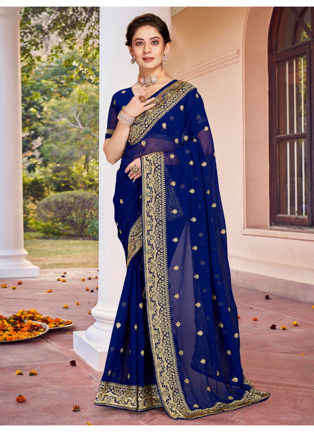 French Navy Blue Organza Designer Saree - Clothsvilla