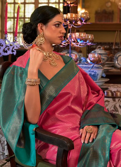 Engrossing Pink Weaving Kanjivaram Silk Designer Saree