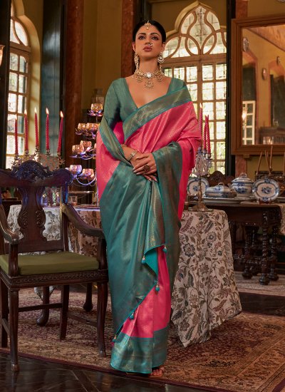 Engrossing Pink Weaving Kanjivaram Silk Designer Saree