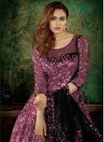 Engrossing Purple Sequins Floor Length Designer Suit