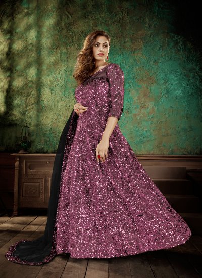 Engrossing Purple Sequins Floor Length Designer Suit