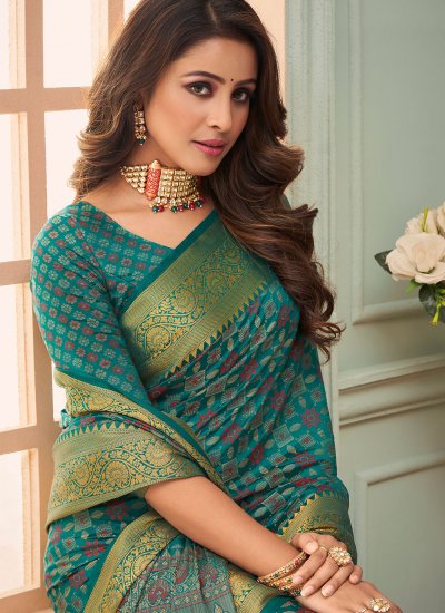 Engrossing Raw Silk Turquoise Casual Saree