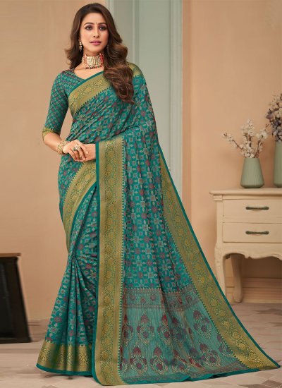 Engrossing Raw Silk Turquoise Casual Saree