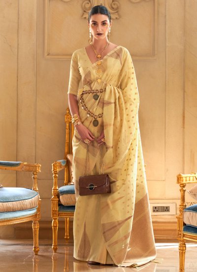 Engrossing Tissue Yellow Contemporary Saree