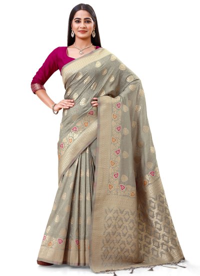 Engrossing Weaving Silk Grey Contemporary Saree