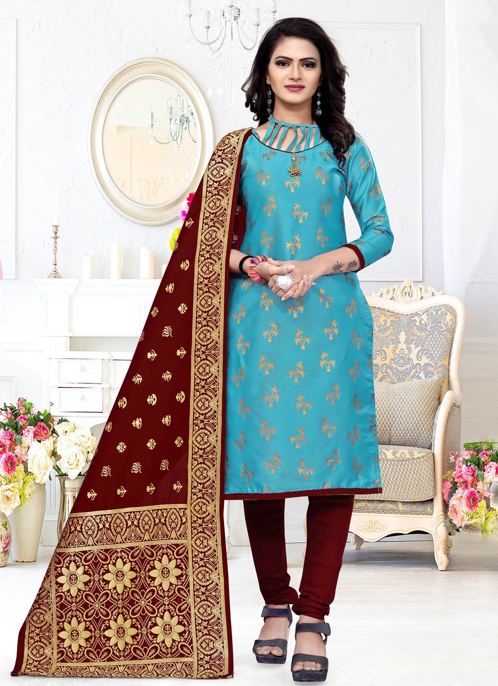 Amazon.com: Readymade Cotton Fabric Churidar Designer Salwar Suit for Women  with Matching Dupatta (3 Piece Suit) : Clothing, Shoes & Jewelry