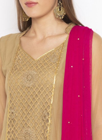 Enthralling Beige and Magenta Embroidered Pant Style Suit
