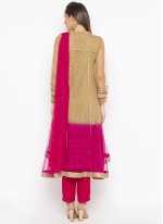 Enthralling Beige and Magenta Embroidered Pant Style Suit