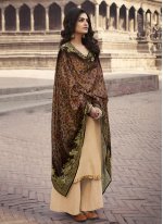 Enthralling Embroidered Cream Faux Chiffon Designer Palazzo Suit