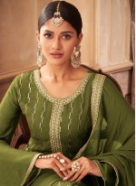 Enthralling Green Embroidered Faux Georgette Readymade Salwar Kameez