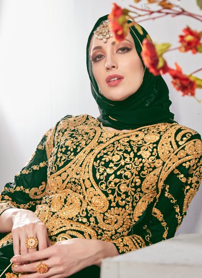 Enthralling Pure Georgette Green Stone Designer Floor Length Salwar Suit
