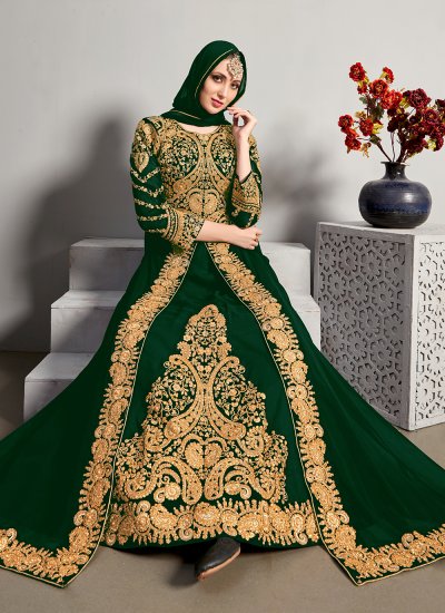 Enthralling Pure Georgette Green Stone Designer Floor Length Salwar Suit