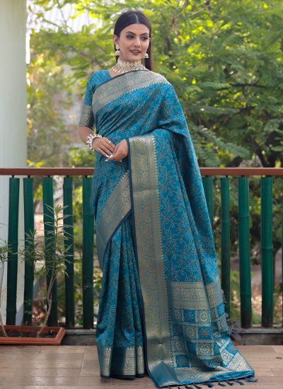Enticing Aqua Blue Weaving Contemporary Style Saree