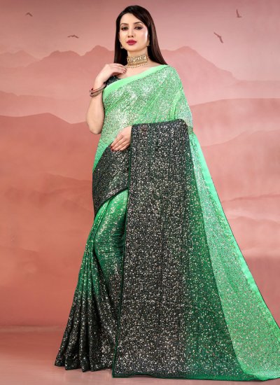 Enticing Black and Green Georgette Contemporary Saree