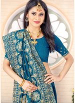 Enticing Blue Embroidered Vichitra Silk Designer Traditional Saree