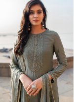 Enticing Embroidered Grey Cotton Silk Pant Style Suit