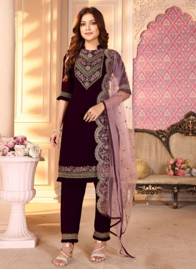 Enticing Embroidered Wine Pant Style Suit 