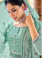 Enticing Resham Green Cotton Palazzo Salwar Suit