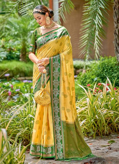 Enticing Yellow Embroidered Banarasi Silk Traditional Saree