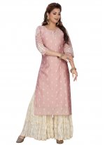 Entrancing Chanderi Peach Embroidered Party Wear Kurti