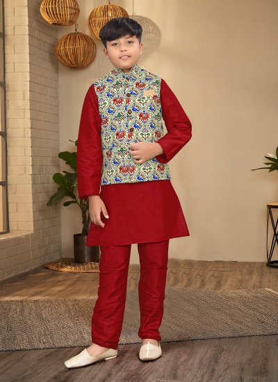 Entrancing Digital Print Silk Multi Colour and Red Kurta Payjama With Jacket