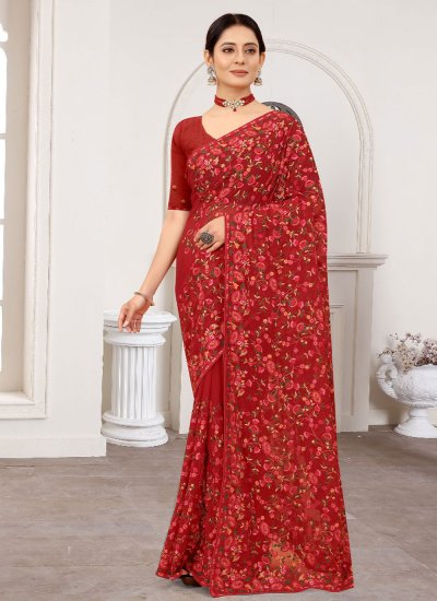 Entrancing Embroidered Faux Georgette Maroon Designer Saree