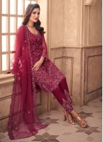 Entrancing Embroidered Maroon Viscose Pant Style Suit