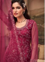 Entrancing Embroidered Maroon Viscose Pant Style Suit