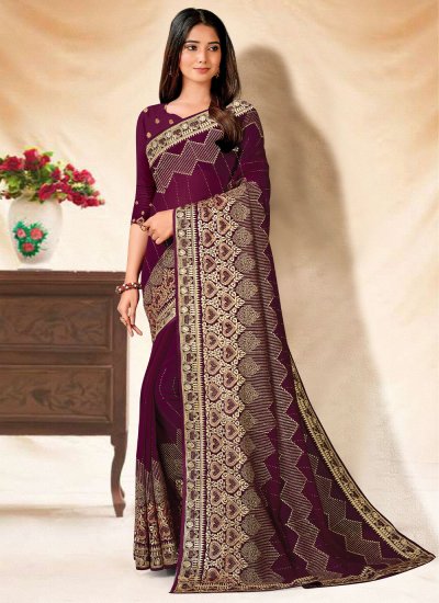 Entrancing Embroidered Wine Georgette Saree