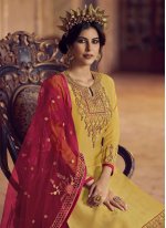 Entrancing Georgette Embroidered Yellow Pant Style Suit