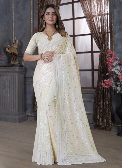 Entrancing Georgette Resham Off White Contemporary Style Saree
