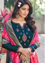 Entrancing Silk Embroidered Teal Designer Palazzo Suit