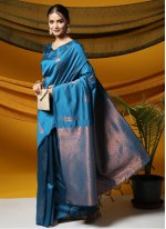 Entrancing Weaving Blue Banarasi Silk Classic Saree