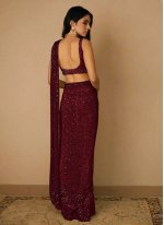 Embroidered Net Ceremonial Trendy Saree in Maroon
