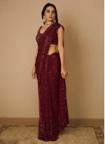 Embroidered Net Ceremonial Trendy Saree in Maroon
