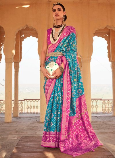 Epitome Pink and Turquoise Patola Print Trendy Saree