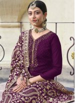 Especial Faux Georgette Embroidered Purple Designer Palazzo Suit