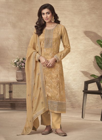 Soft Premium Net Party Wear Readymade Salwar Suit In Golden color with  Embroidered Work - Sale