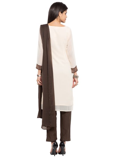 Ethnic Embroidered Faux Georgette Off White Pant Style Suit
