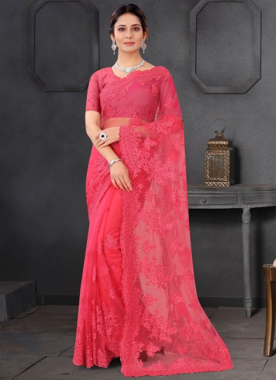 Ethnic Embroidered Net Hot Pink Classic Designer Saree