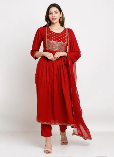 Ethnic Red Rayon Readymade Salwar Suit